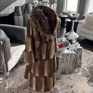 Vintage genuine, muskrat, long fur coat with huge raccoon fluffy  collar small